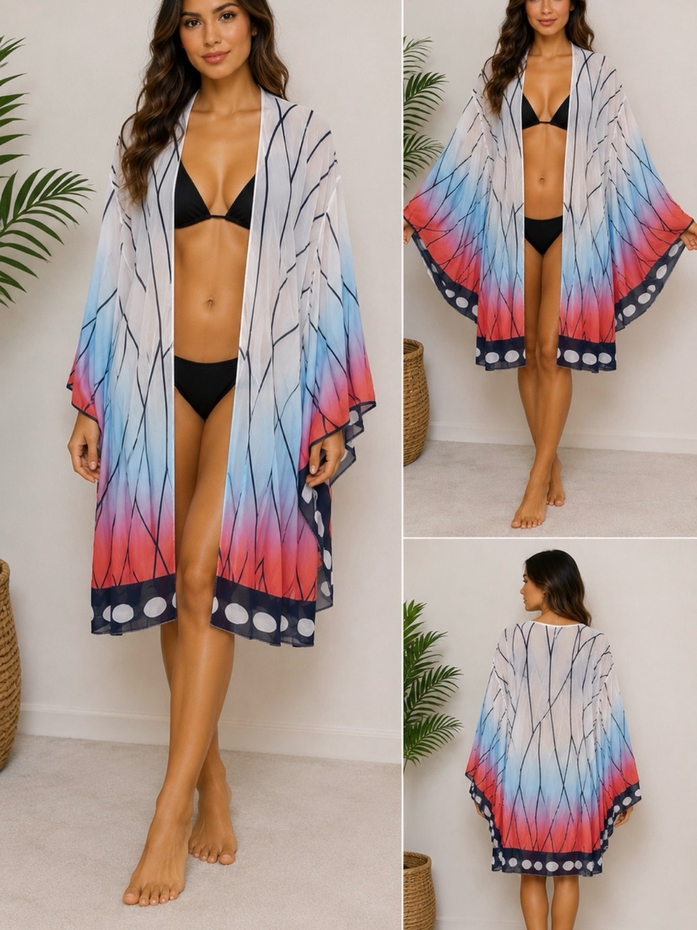 Butterfly Wing Print Sheer Swim Cover Up Kimono Beach Cardigan XL 1X